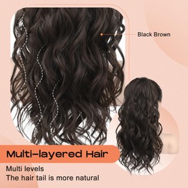 SEIKEA Ponytail Extension, 20" Lightweight Fluffy Drawstring Ponytail, Long Wavy Curly, Multi-layered Clip in Hair Extension, Natural Soft Synthetic Hairpiece, Black Brown