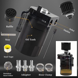 PWR FEVER Upgraded Baffled Oil Catch Can with Breather Filter Kit Aluminum Reservoir Tank with 3/8" Strengthened NBR Fuel Line Black 400ml