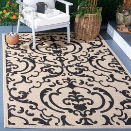 SAFAVIEH Courtyard Collection 4' x 5'7" Sand / Black CY2663 Indoor/ Outdoor Waterproof Easy-Cleaning Patio Backyard Mudroom Accent-Rug