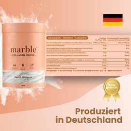 marble® Collagen Powder 500 g - Collagen Peptides Skin Glow - 60 Days Risk-free Test - Amino Acids Complex High Dose - Collagen Powder in Cardboard Box without Plastic Spoon - Peach Hibiscus