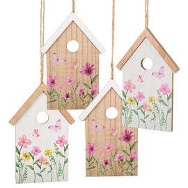 Logbuch-Verlag 4 Easter Pendants Small Wooden Houses with Flowers and String for Hanging Spring Easter Decoration Pink White 10.5 x 16 x 0.6 cm for Easter Shrub