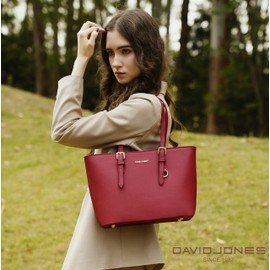 David Jones - Women's Shopping Handbag - Shoulder Bag - PU Leather Long Handle - Shopper Capacity Medium Size - Elegant City Bag - Red