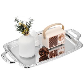 TOYANDONA Silver Metal Serving Tray with Handles - 15. 3"x9" Rectangle Butler Tray Vintage European Style Silver Platter for Breakfast in Bed, Coffee Table Decor, Buffet Wedding Party Jewelry