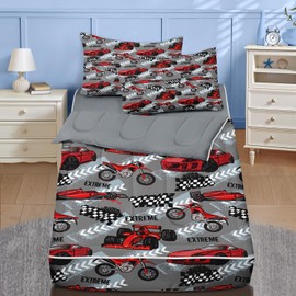 Twin Zipper Bedding, Extreme Sports Car Zipper Bedding Sets for Boys, 3pcs All in on one, Racecar Bike Motocross Kids Comforter Set with Fitted Sheet and 1 Pillowcase
