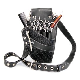 Kassaki Hairdressing Scissor Pouch Tool Belt Bag Black Check - Professional Barber Case & Hairdresser Bag with 4 Scissor Pockets - Leather Tool Pouch for Hairdressing Kit