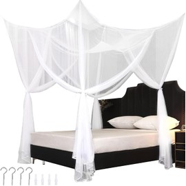 Mosquito Net for Bed Canopy, 4 Corner Post Curtains Bed Canopy with 4 Openings & 4 Hanging Loops for Girls & Adults(White)