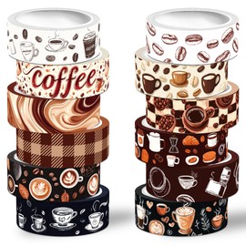 NIKOMIE 12 Rolls Washi Tape Set, Coffee Themed Decorative Tape Vintage Watercolor Brown Cafe Caffeine Masking Tape for Journaling Supplies,Junk Journal, Scrapbooking,Planner,DIY Arts & Crafts Supplies