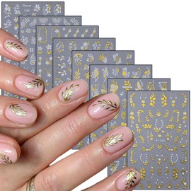 Gold Flower Nail Art Stickers Decals 3D Floral Nail Self-Adhesive Sticker Designs Spring Blossom Nail Transfer Decal White Flowers Nail Sticker Supplies for Women Girls Manicure Art Decorations
