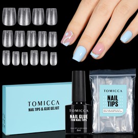 TOMICCA Nail Tips and Glue Gel Kit, 4 In 1 Nail Glue and Base Gel with Extra Short Coffin Nail Tips Nail Extension Kit, DIY Nail Art Acrylic Nail Kit Easy Nail Extension Set, 15 Size 150Pcs