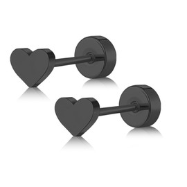 Artskin Women Flat Back Heart Earrings Non-Nickel Heart Earrings Titanium Hypoallergenic Girls Cartilage Earrings Stud for Sensitive Ears Simple Classic 5mm Screw On Earrings (Heart - Black)