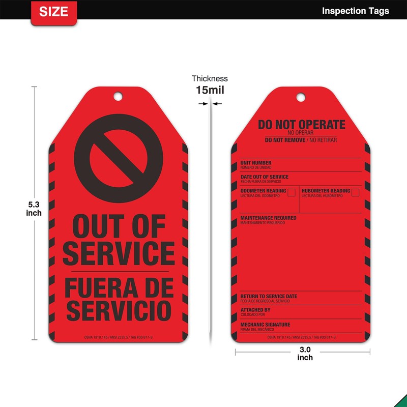 Out of Service Tags 25 Pack, Bilingual OSHA Do Not