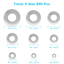 800 Pcs 304 Stainless Steel Flat Washers for Screws Bolts, Fender Washers Assortment Set, Assorted Hardware Lock Metal Washers Kit (9 Sizes-M2 M2.5 M3 M4 M5 M6 M8 M10 M12) for Home, Factories etc YLYL