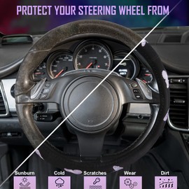 Car Pass Purple Embroidery Butterfly Steering Wheel Cover, Universal 15 Inch Car Wheel Cover for Women Girls, Fit for Suvs,Small Trucks,Sedans,Cars (Black and Purple)