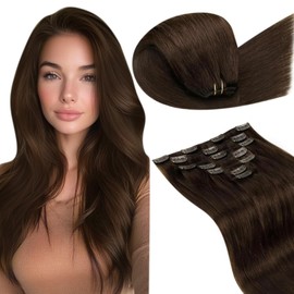 LaaVoo Clip in Hair Extensions Human Hair For Women Brown Clip in Extensions Real Human Hair Brown Clip in Hair Extensions Real Hair Brown Full Head Remy Hair 14 Inch 7Pcs/120g