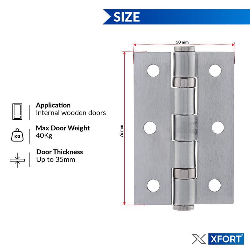 XFORT 3 Inch (75mm) Satin Chrome Ball Bearing Hinges, Steel
