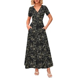 WNEEDU Women's Summer Maxi Dress Short Sleeves Wrap V Neck Long Dresses with Pockets(Black Gold Leaf,XL)