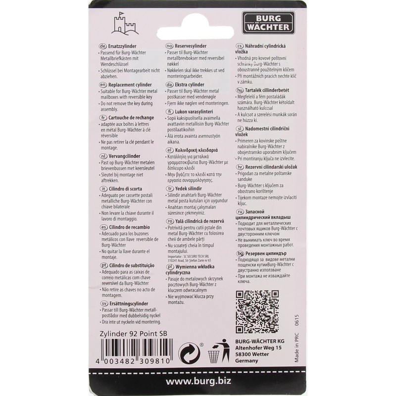 Burg-Wächter BK 92 Point SB Cylinder for Letterboxes, Steel, Silver