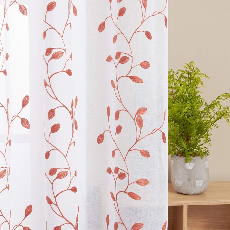Deconovo Top Ring Leaf Embroidery Net Curtains Semi Transparent Curtains