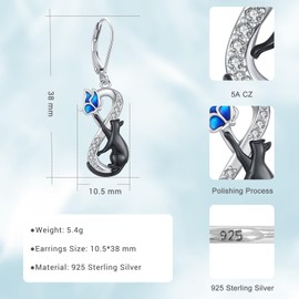 Eusense Cat Earrings Cat Moon Earrings 925 Sterling Silver Dangle Drop Earrings Jewellery Gift for Cat Lovers Women Girls, Sterling Silver, No Gemstone