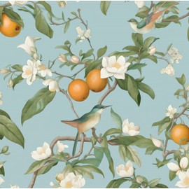 Blue Bird Wallpaper Peel and Stick, Vintage Floral Lemon Fruit Contact Paper, Self Adhesive Removable Retro Botanical Wall Paper Mural for Room Walls Shelves Cabinet Table Drawer Decor 17.5" x 78.7"