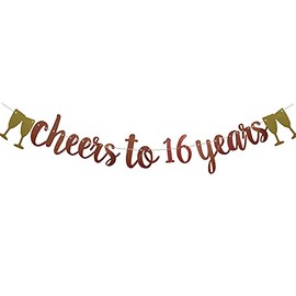 Cheers To 16 Years Banner,Pre-Strung, Rose Gold Paper Glitter Party Decorations for 16th Wedding Anniversary 16 Years Old 16th Birthday Party Decorations Supplies Letters Rose Gold Pre-Strung