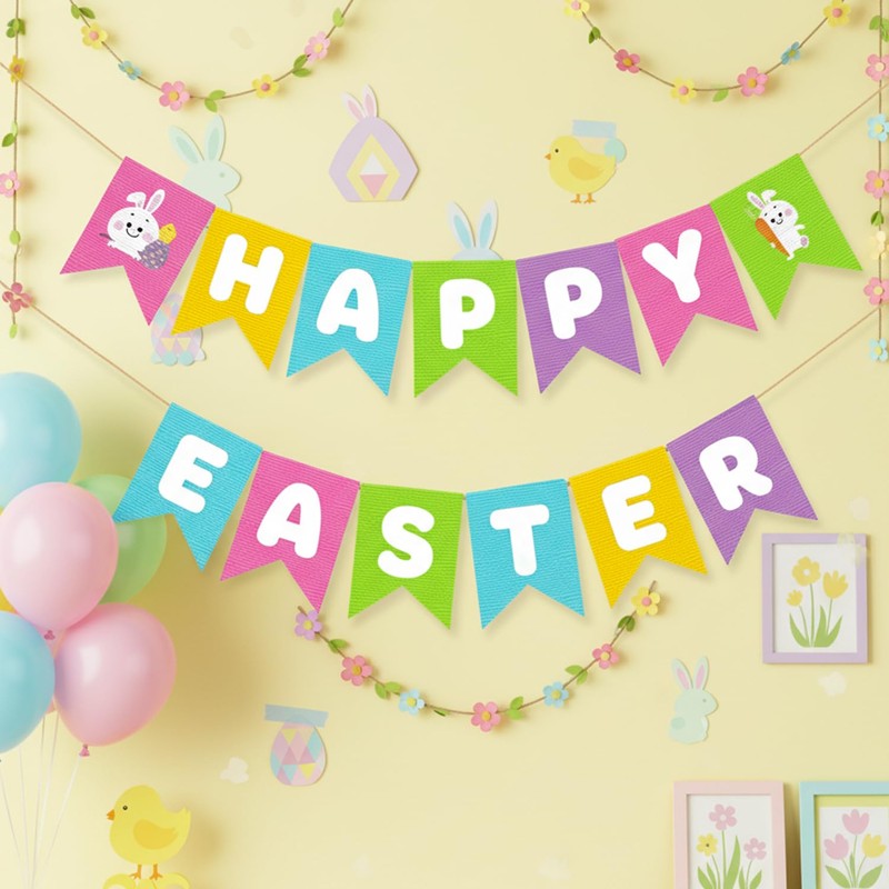 Adurself Happy Easter Burlap Look Fabric Banner, Pre-Assembled Canvas “HAPPY
