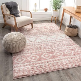 Well Woven Madison Shag Cossima Tribal Diamond Stripes Shag Blush Pink 2'3" x 7'3" Runner Rug