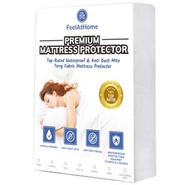 FeelAtHome Hypoallergenic Fitted 100% Waterproof Mattress Protector (Twin Size) - Breathable Super Soft & Noiseless Cotton Terry Fabric Matress Protection Fitted Cover