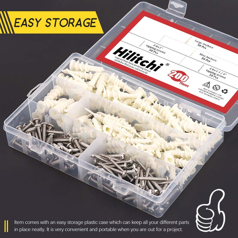 Hilitchi 200 Pieces 2 Size Plastic Self Drilling Drywall and