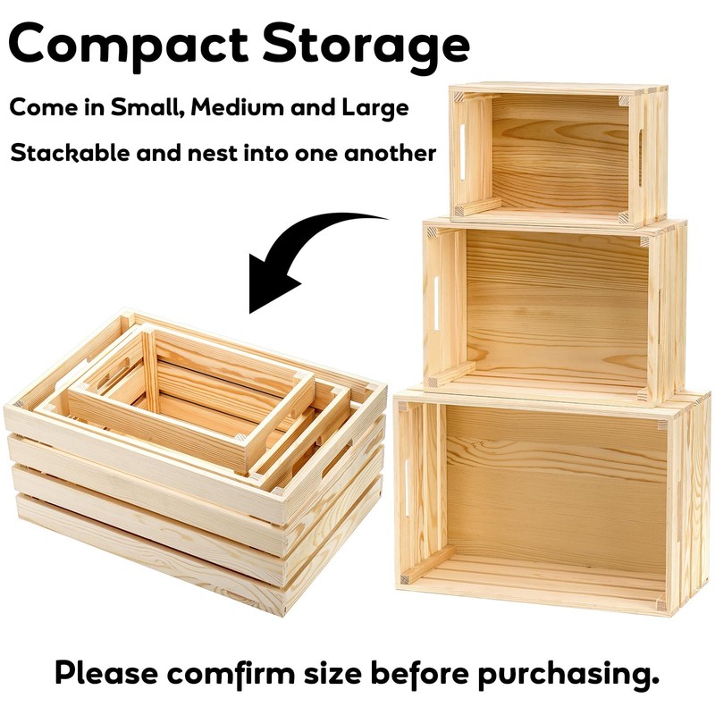 Youeon Set of 3 Rustic Wooden Nesting Crates with Handles,
