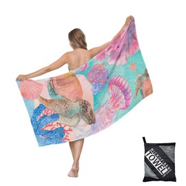 Large Thin Microfibre Beach Towel with Bag for Adult Men Women,160x90cm Pink Turtle Beach Towels Quick Dry Sand Free Lightweight Swim Bath Towel for Travel,Swimming,Pool,Holiday,Camping,Yoga,Gym Sport