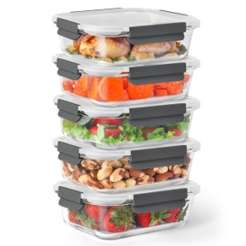 ECOBERI Glass Storage Containers with Lids, 5 Piece Set, 4.5 Cup, Meal Prep, Food Storage, Airtight, Leak-Proof, Safe for Microwave, Freezer, Oven, and Dishwasher, Grey