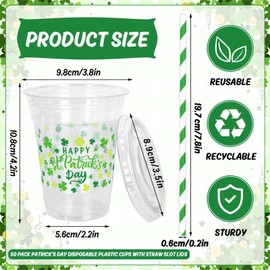 JarThenaAMCS 50Pcs St. Patrick's Day Disposable Plastic Cups with Lids and Straws 12oz Lucky Shamrock Clover Cold Beverage Drinking Cups for Irish Holiday Party Supplies