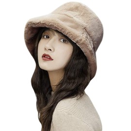 Women Girls Faux Fur Hat Winter Bucket Hat Fluffy Warm Hat Wide Brim Fisherman Hat Plush Cap Ladies Thermal Slouch Hat Vintage Cloche Fashionable Church Hat Super Soft Comfortable Outdoor Hat Khaki