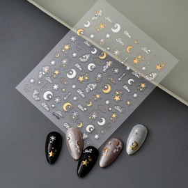 Star Crystal Diamond Nail Stickers, Rhinestones Gold Stars and Moons Nail Design,Cute Star Adhesive Stickers Art Supplies Craft French Manicure Decorations and Decal for Women
