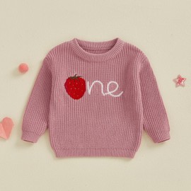 Geagodelia One Birthday Baby Jumper My First Birthday Sweaters Long Sleeve Strawberry One Embroidery Knit Jumpers Spring Pullover Top (Purple, 12-18 Months)