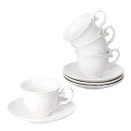 Agyiuns Tea Cups Set Of 4, Tea Cup And Saucer Set,6oz for Tea,Coffee, Latte, Cafe Mocha, Porcelain Tea Party Set (Pure white set of 4)