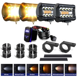 ASLONG 4Pcs 4inch LED Pods Strobe Lights, White/Amber Yellow LED Light Bar Driving Fog Offroad Cube Light w/Tube Clamp Mounting UTV Flag Mount Whip Light Mount Kit for ATV UTV Trucks w/Wiring Kit