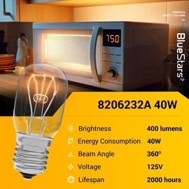 BlueStars 6-Pack 8206232A Whirlpool Microwave Light Bulb Kei 125V 40W E17 Intermediate Base - Compatible for Whirlpool Under Hood Microwaves, Lava Lamps Salt Lamp Bulbs - Replaces 1890433 AP4512653