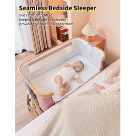 Baby Bassinet, Bedside Bassinet for Baby, 4 in 1 Portable Bassinet Bedside Sleeper with Wheels Mosquito Net & Storage Basket, 6 Height Adjustable Rocking Bassinet for Newborn Baby