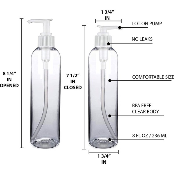 Empty Lotion Pump Bottles 8 Oz, BPA-Free Refillable Plastic Containers, PETE1 Crystal-Clear, Great for - Soap, Shampoo, Lotions, Liquid Body Soap, Creams and Massage Oil's, 3 Pack