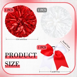 Set of 3 12 Inch Cheerleading Pom Poms and Large Cheerleader Ponytail Bow Holder for Girl Large Metallic Cheerleader Pom Poms for Sports Team Cheering (Red and White)