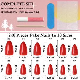 LoveOurHome 240pc Almond Press on Nails Short Fake Nails with Glue & Adhesive Tabs, Red Glue on Nails Press on Nail Almond Fake Nails Artificial False Fingernails Women XS Stiletto Stick on Nails