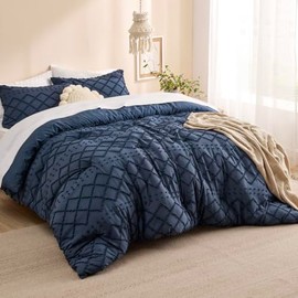 3 Piece Vintage Shabby Chic Style Boho Comforter Set King Size | Elegant Embroidery with Tufted Pattern Farmhouse Bedding | Indigo Navy Blue Color All Seasons Ultra Soft Plush Cozy Feel