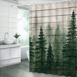 ZNLSU Misty Forest Shower Curtain Rustic Green Pine Tree Watercolor Foggy Jungle Retro Barn Door Wooden Nature Scenery Bathroom Decor Fabric Curtain with Hooks