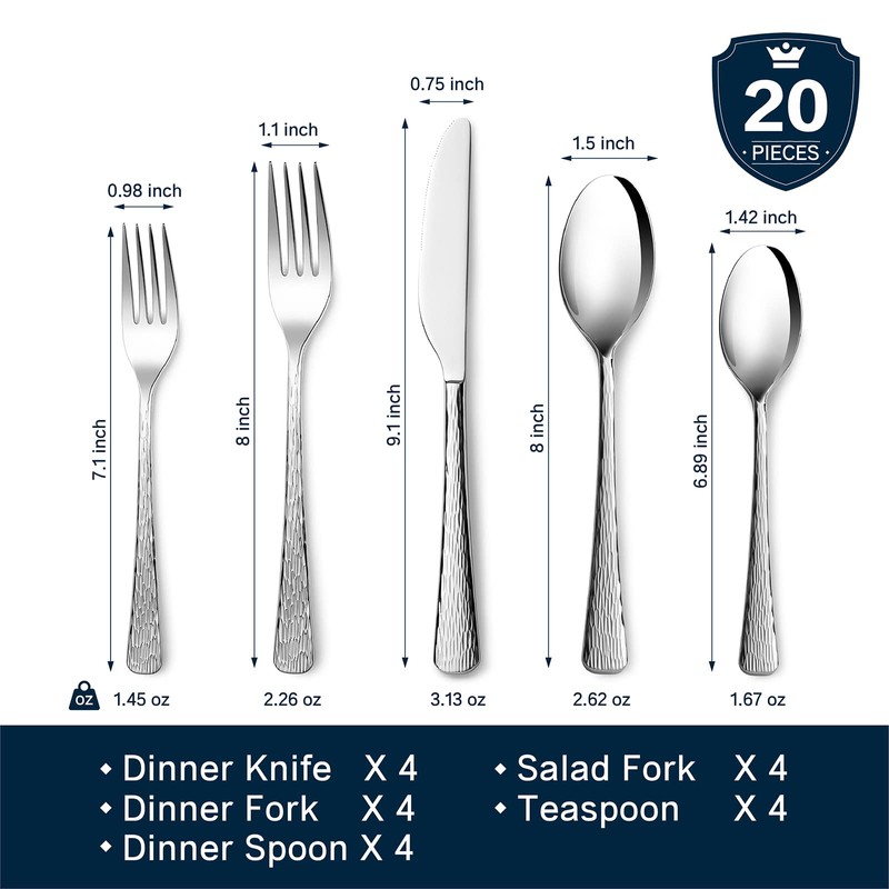 KINGSTONE Hammered Silverware Set, Flatware Set, 18/10 Stainless Steel Premium