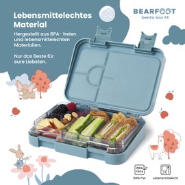 BEARFOOT Brotdose Kinder mit Fächern, BPA frei, Lunchbox, Bento box, Brotbox, Brotdose Mädchen & Jungen, Snackbox mit Trennfächern, Vesperbox für Kindergarten, Schule (Blau - FeuerwehrHasen)