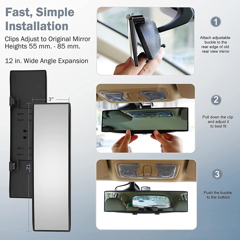 Verivue Universal Panoramic 12-Inch Rear View Mirror, Anti-Glare Wide Angle
