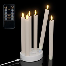 Staerysky Rechargeable Flameless Taper Candles with Charging Station, 6 Pcs Real Wax LED Taper Candles with Remote Control & Timer, 3D Wick Flickering for Wedding, Christmas, Home Decor