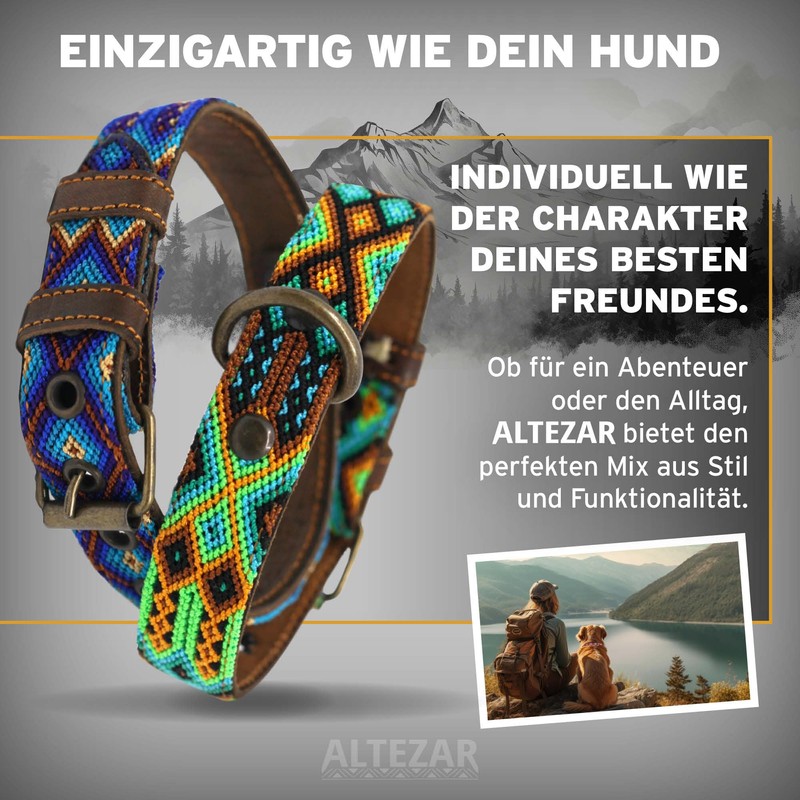 ALTEZAR Leather Dog Collar - Brown Cowhide Tribal Fire Red